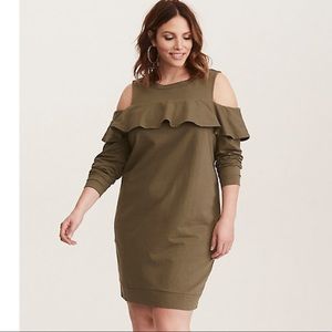 Olive Green Ruffled Knit Sweatshirt Dress
